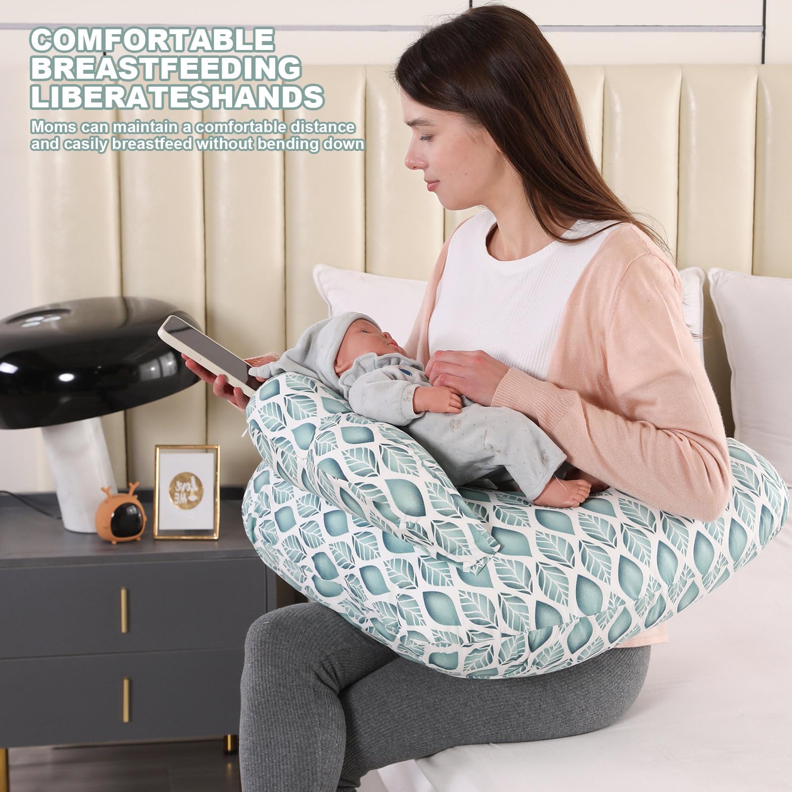 SHANNA Cojín de Lactancia para Bebés: Cojín de Maternidad Ultra Suave, Cojín de Lactancia para Bebés con Barrera de Seguridad, Cojín Ergonómico para Alimentación, Funda Extraíble (Hojas Verdes)