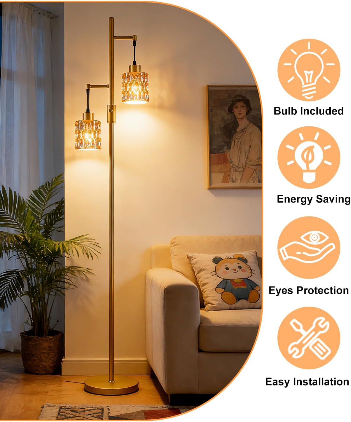 Lightdot 65IN Industrial Gold Floor Lamp for Living Room, 2- Light Dimmable Brown Glass Floor Lamps with 3000K Warm White Bulbs, Modern Farmhouse Tree Standing Tall Lamp for Bedroom Office Home Decor