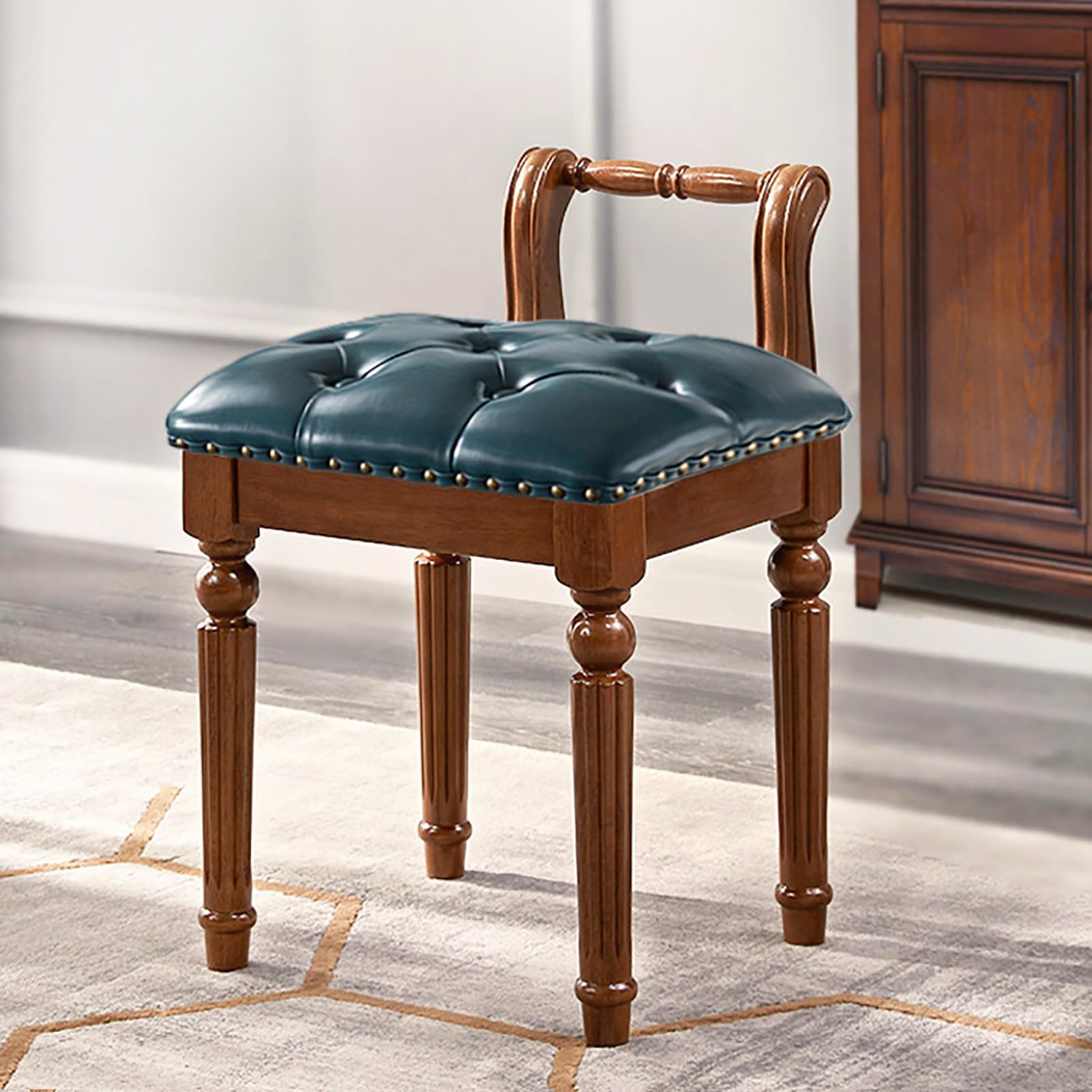 GHFXSCV PU Leather Cushioned Vanity Stool, Vintage Upholstered Makeup Stool for Entryway, Solid Wood Legs Shoe Bench, Footrest for Bedroom & Living Room (35 x 40 x 45 cm)