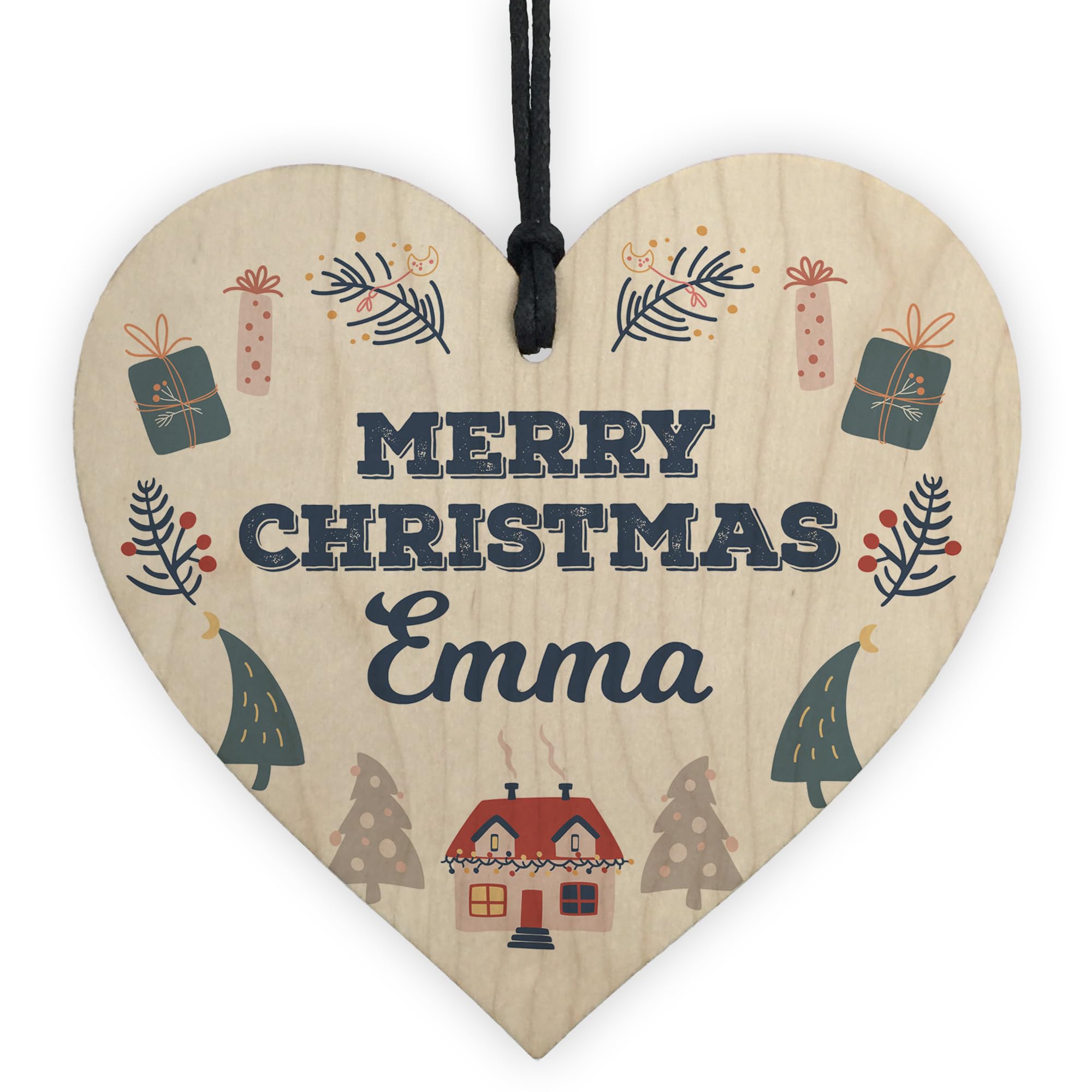 Red Ocean Merry Christmas Personalised Friends Family Colleagues Gift Wooden Heart Decoration, Secret Santa Gifts For Colleagues Friends, Personalised Gift Tag For Son Daughter Mum Dad (Design 8)