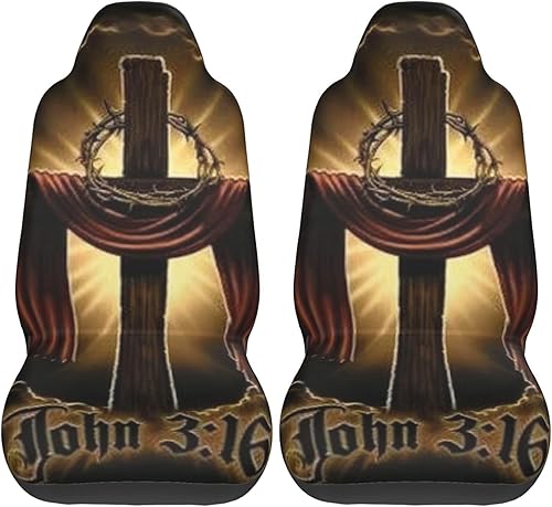 Miniatura 2 de Fundas de asiento delantero de automóvil con símbolo de cruz dorada religiosa, 2 piezas, funda protectora elástica universal para asiento de