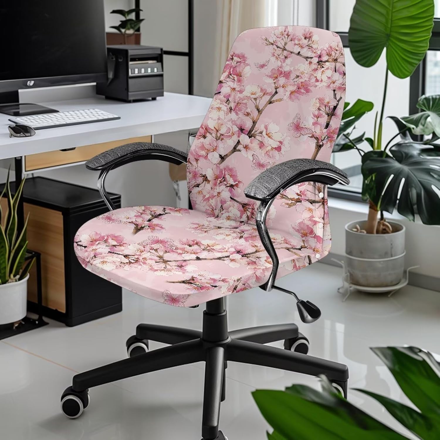 Talayituse Cherry Blossom Flower Print Office Chair Covers, Stretch Computer Chair Cover, Universal Boss Chair Covers Modern Simplism Style High Back Chair Slipcover, Large