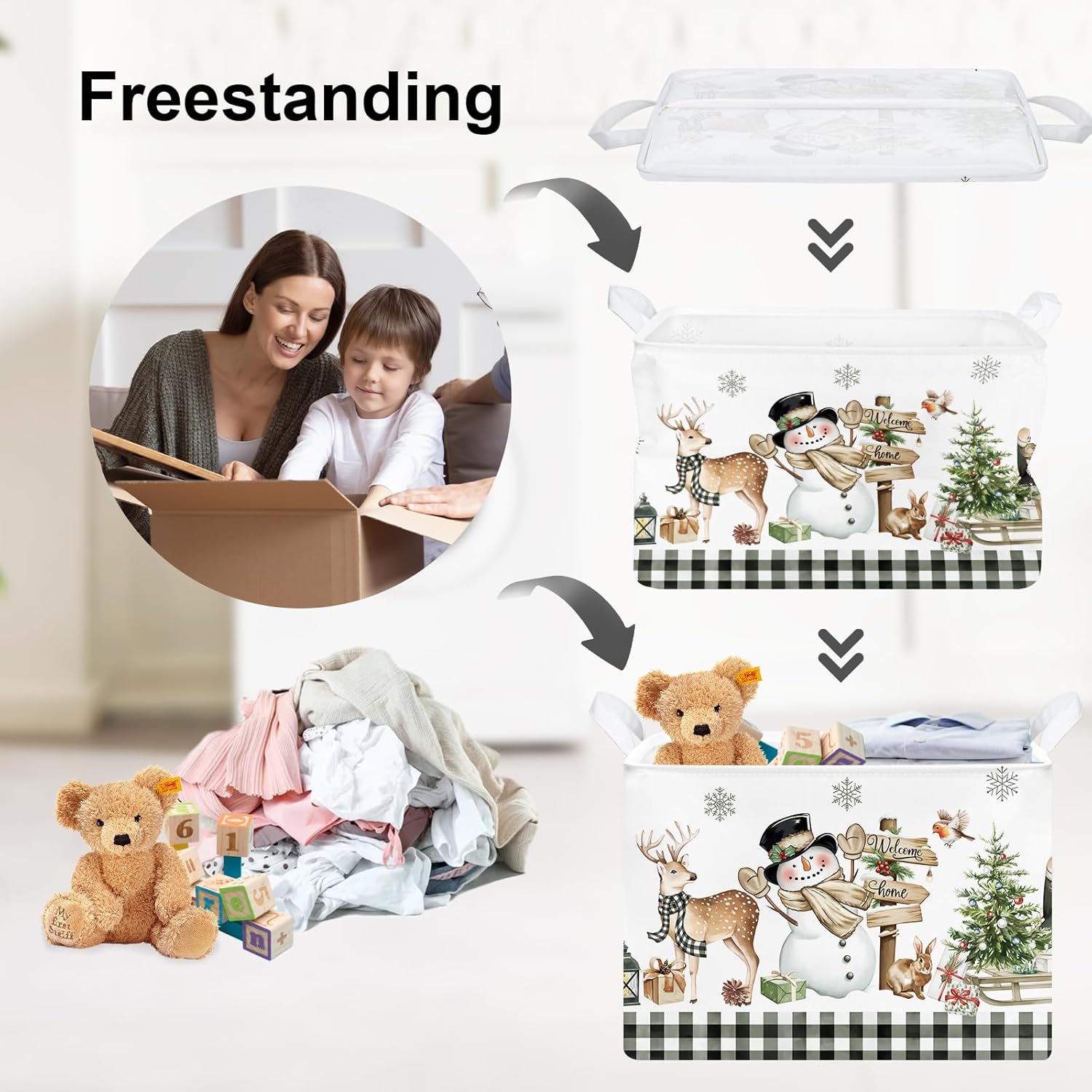 Clastyle Brown Plaid Snowman Christmas Tree Gift Basket Large Winter Deer Gnome Truck Snowflake Nursery Bin Cube Collapsible Rectangle Kid Clothes Toy Book Shelf Basket (Pack of 2)