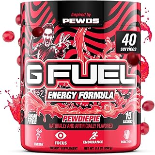 G Fuel PewDiePie Energy Drink Powder, Pre Workout Caffeine Mix for Gaming, Sugar Free Focus Amino, Vitamin + Antioxidants, 9.9oz (Lingonberry, 40 Servings)