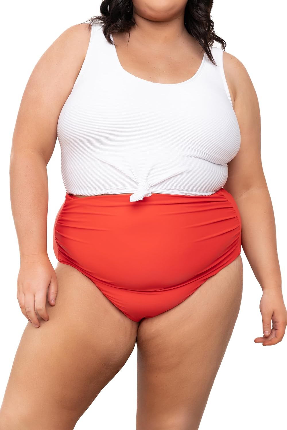 Coral Reef Swim Tankini Swimsuits for Women - White Knotted Front Tankini Top & Red High Rise Ruched Swim Bottoms (XXS-3XL) - Image 2