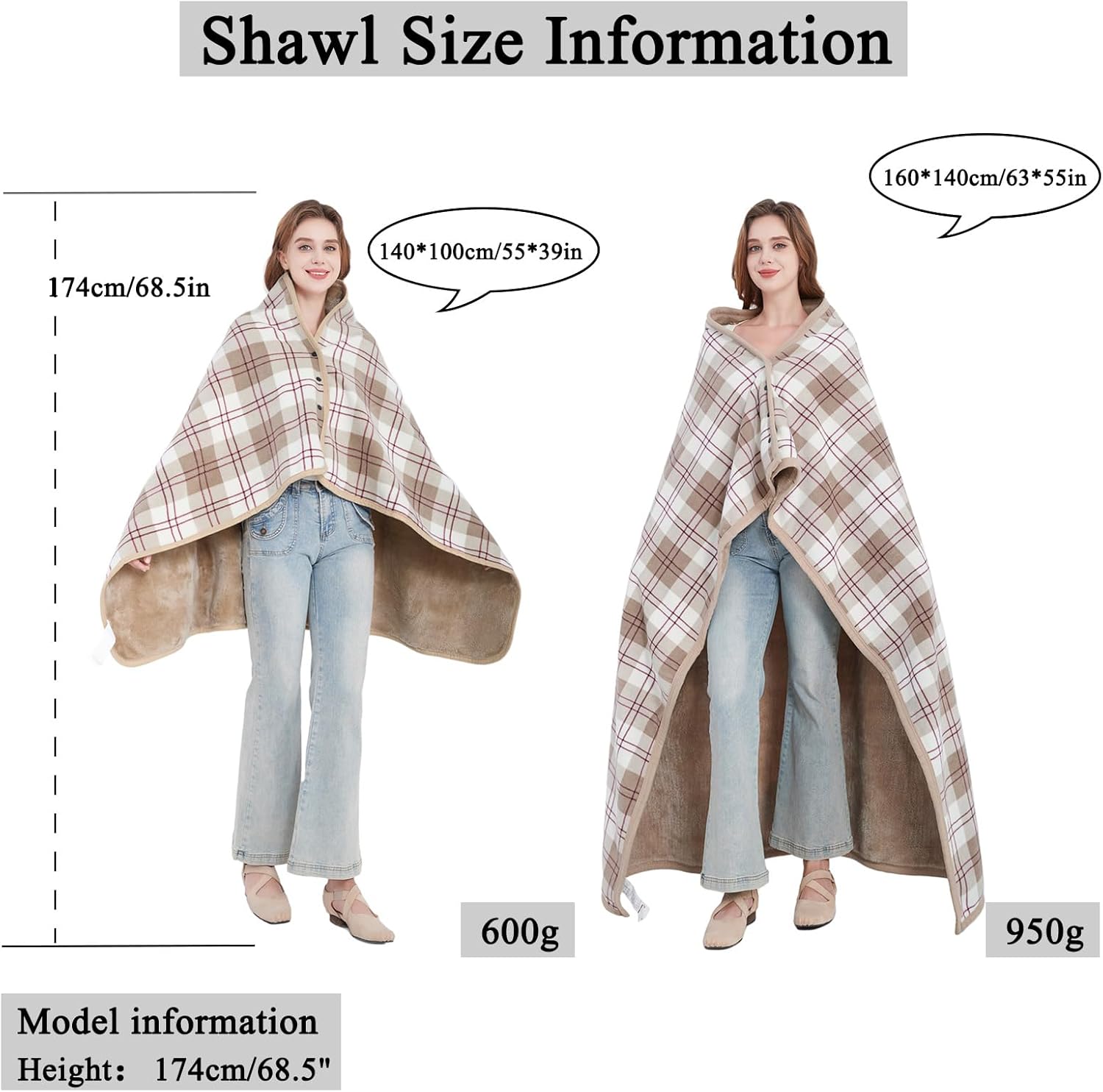 forestfish Fleece Wearable Blanket, Plaid Lap Blanket Comfy Poncho Throw with Buttons for Bed Sofa Office, Brown-White - Image 2
