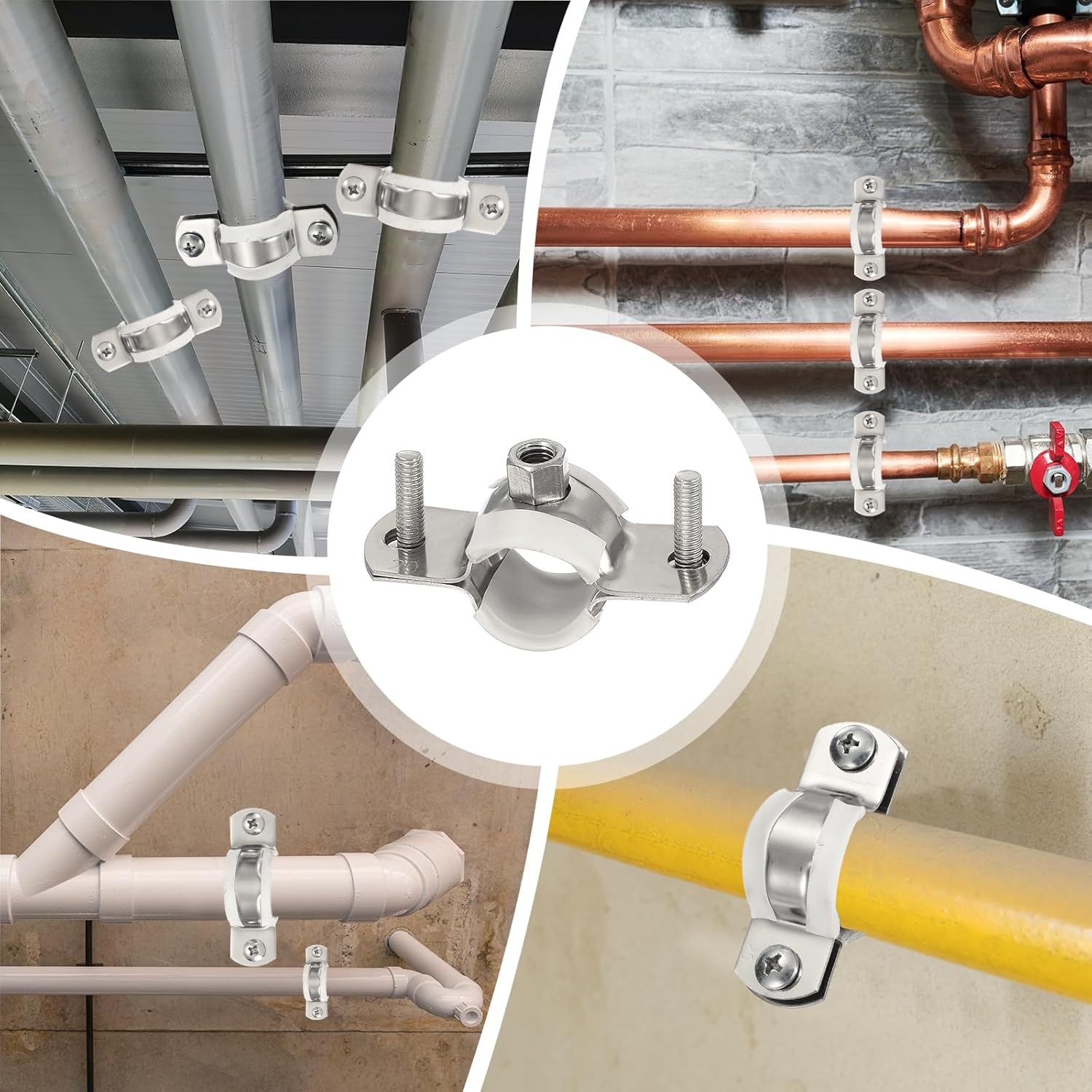 HARFINGTON 2pcs 201 Stainless Steel 6.1-6.3"/155-160mm Split Ring Pipe Hanger Pipe Strap Clamp Split Ring Hanger with Rubber for Tubing Shower Curtain Tiki Torch, Silver-Black Tone