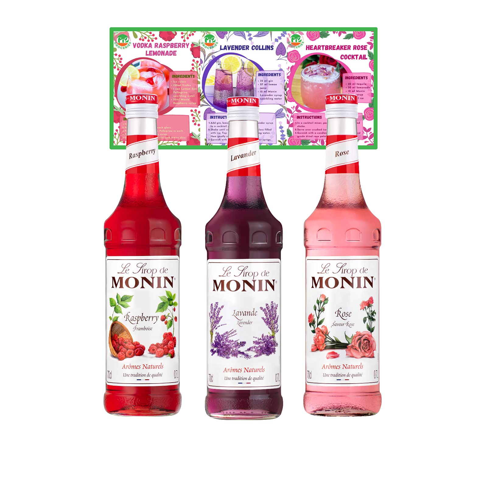 Flavoured Cocktail Syrup Bundle Includes Monin Premium Lavender, Raspberry, and Rose Syrup with Go2 Groceries Recipe Cards, 700 ml (Pack of 3)