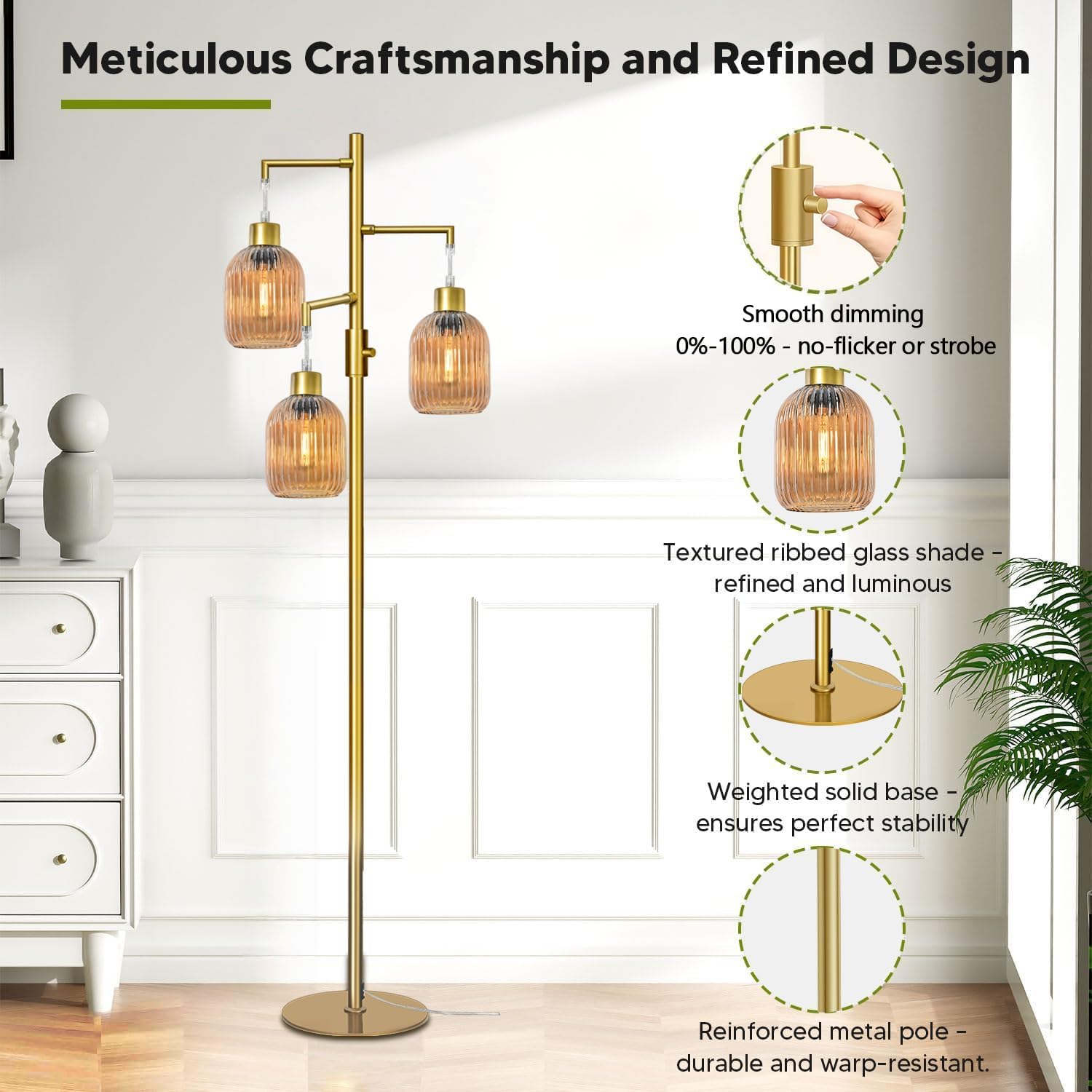 Modern Floor Lamp for Living Room, Dimmable Glass Standing Lamp Vintage Retro 3 Lights Tall Floor Lamps with Amber Lamp Shade Mid Century Tree Lamp, 3×6W Bulbs Included
