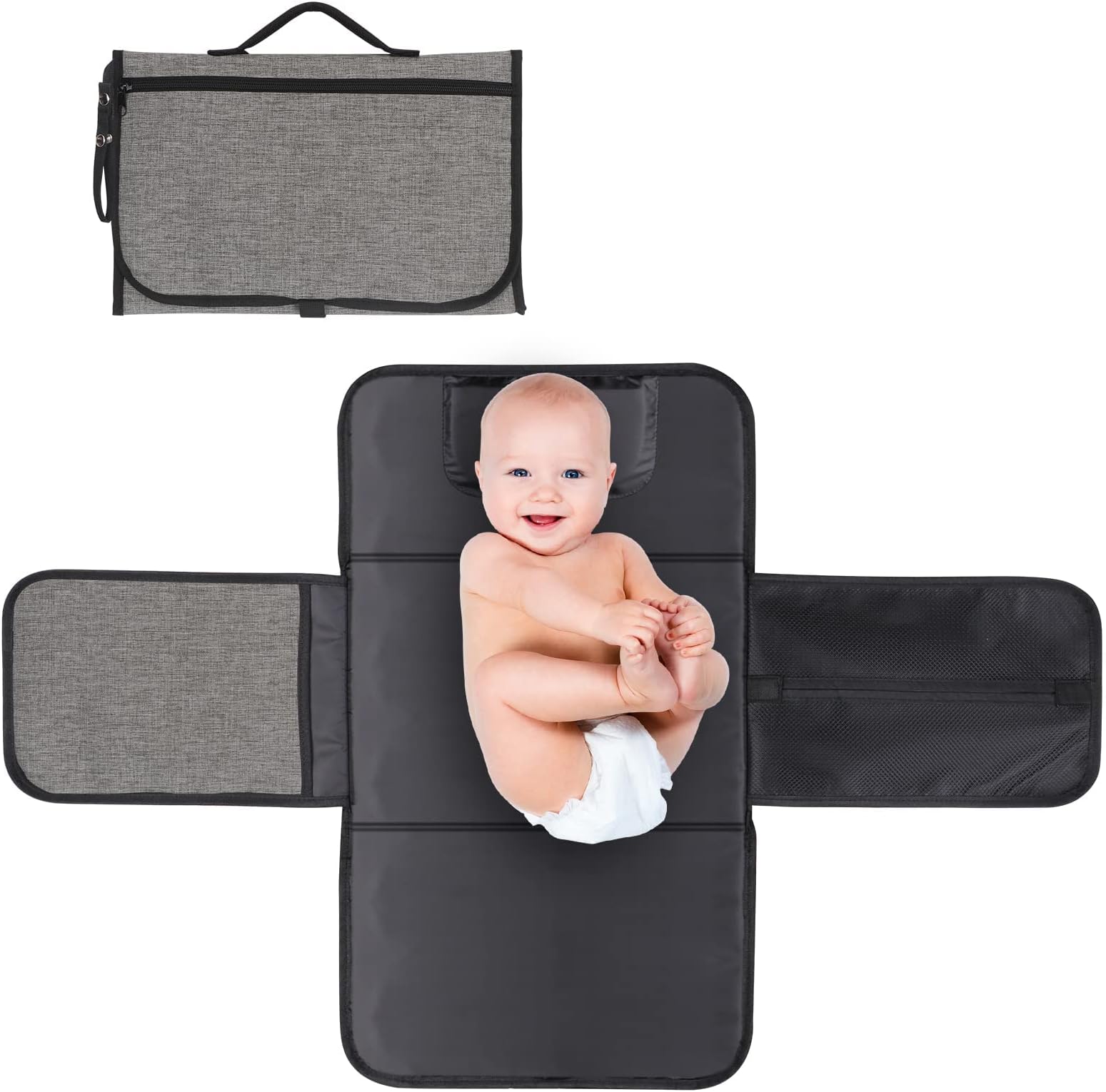 MAKINGTEC Portable Changing Pad for Baby, Portable Diaper Changing Pad, Waterproof Travel Changing Pad with Wipes Pocket & Diaper Pocket, Baby Stuff, Newborn kinds, Baby Shower Gifts (Grey)