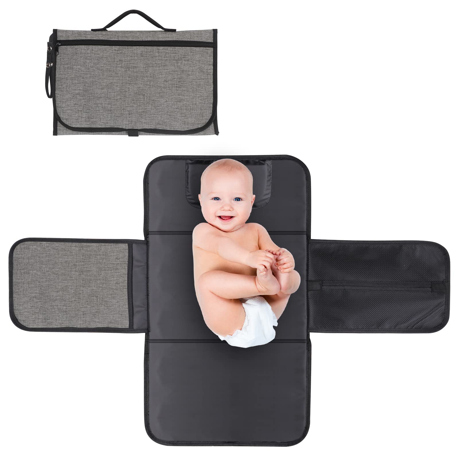 MAKINGTEC Portable Changing Pad for Baby, Portable Diaper Changing Pad, Waterproof Travel Changing Pad with Wipes Pocket & Diaper Pocket, Baby Stuff, Newborn kinds, Baby Shower Gifts (Grey)