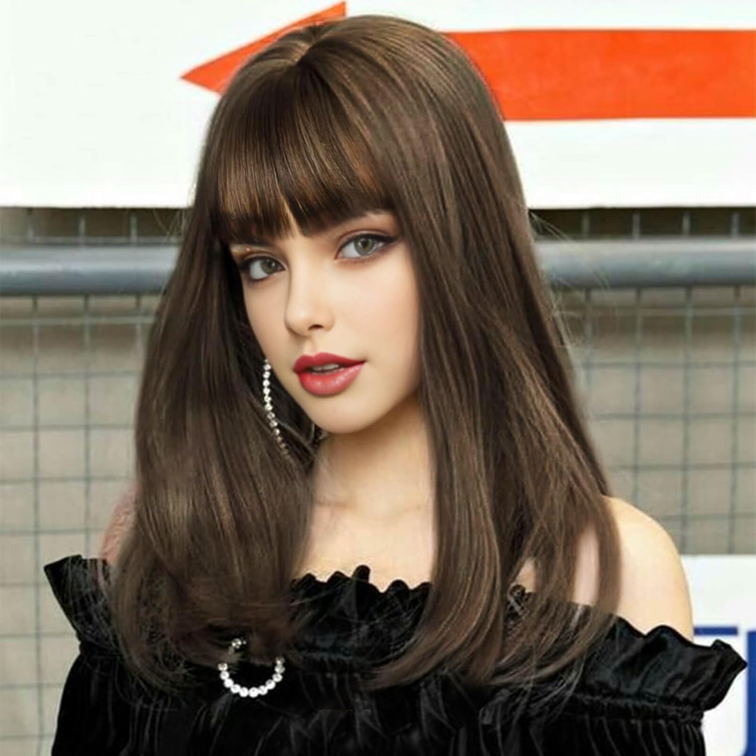 PORSMEER Medium Long Brown Hair Wigs for Women Ladies Brown Bob Wigs with Fringe Natural Straight Synthetic Hair Wig 16 Inches,Everyday or Halloween Fancy dress Wig