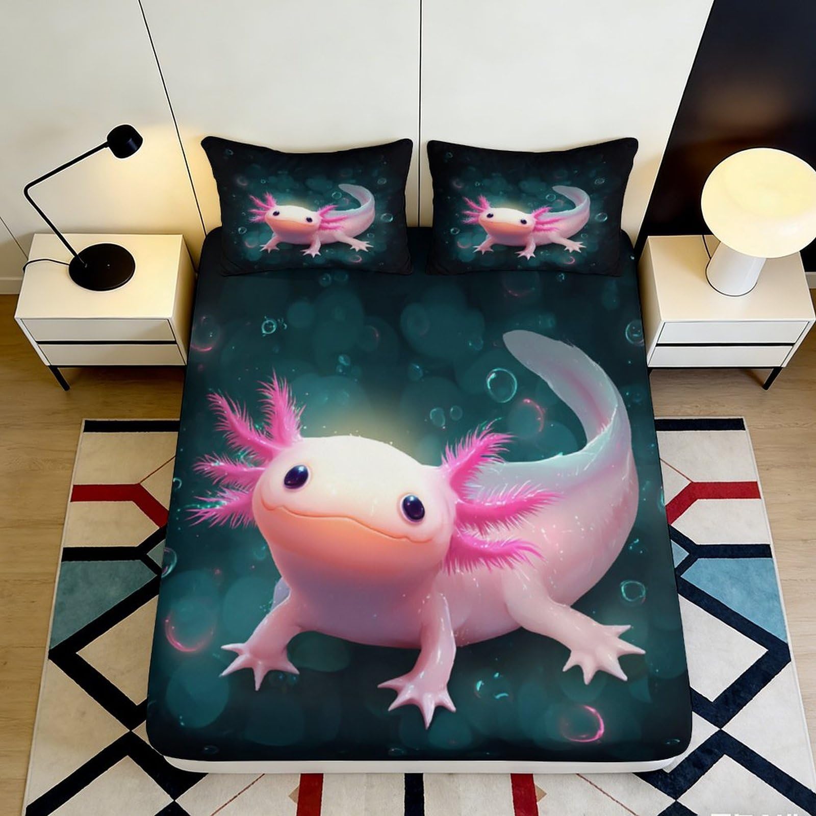 3D Printed Pink Axolotl Fitted Sheet Microfiber Soft Breathable Cartoon Aquatic Bed Cover for Bedroom Guestroom Decor 180x200x25cm