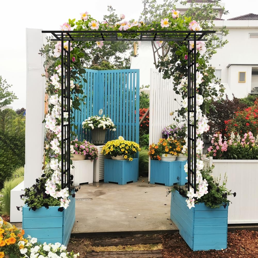 2 in 1 Metal Garden Arbor, Metal Garden Arch with Adjustable Width W42.52''~W78.15'' for Climbing Plants Heavy Duty Steel Pergola Arch for Wedding Party Backyard Outdoor