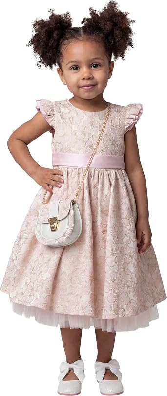 SIRRI Girls Pink Floral Jacquard Dress with Matching Bag Party Wedding Occasion Dress
