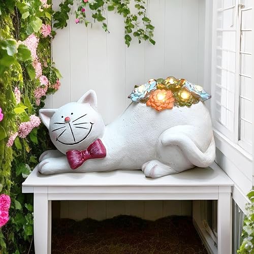 Miniatura 3 de Estatua de gato para decoración de jardín al aire libre con luz solar exterior, estatuilla de gato de resina impermeable para decoración de césped