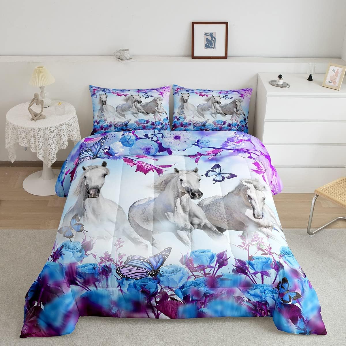 White Horse Comforter Set Full Size,Butterfly Rose Flower