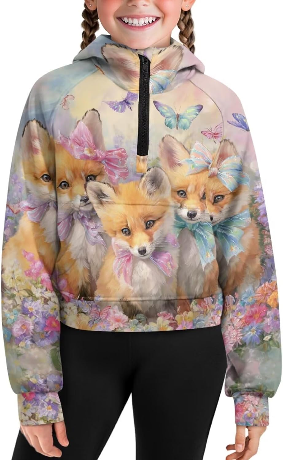 Girls Hoodies Half Zip Sweatshirt Fall Long Sleeve Cropped Pullover Top Graphic Hoodies Athletic Sweatshirt,5-14T