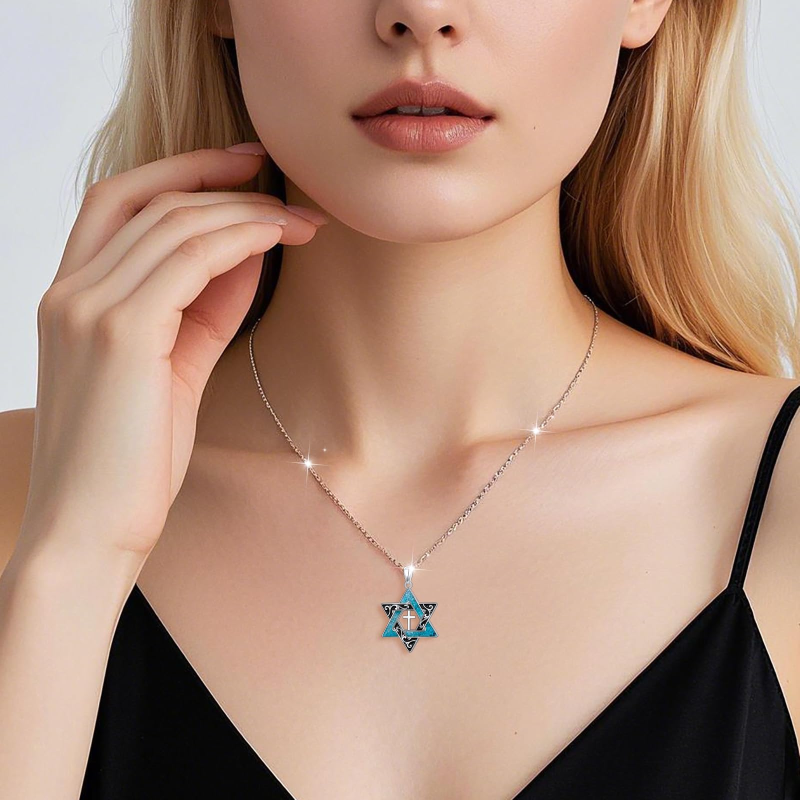 DAOCHONG Collana con stella di David in argento 925 con turchese, gioiello da donna