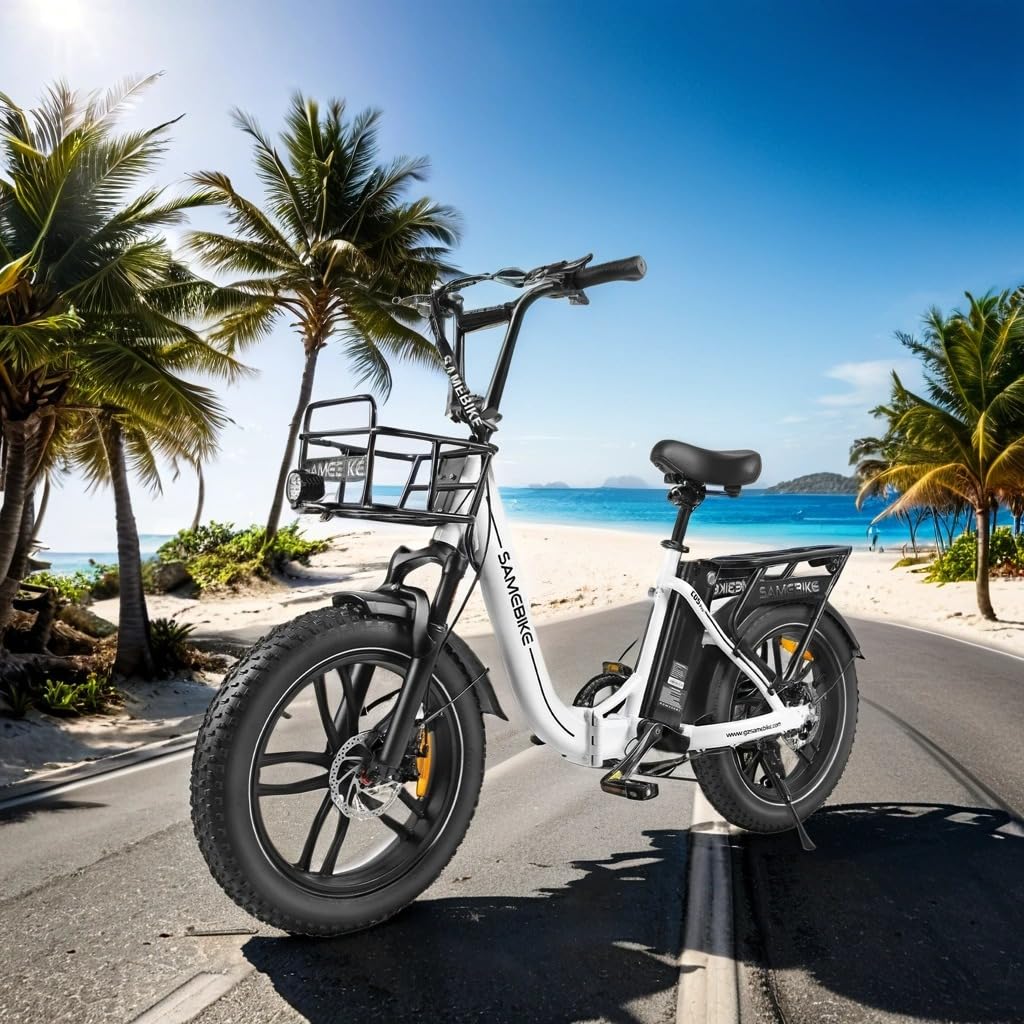 SAMEBIKE C05 Pro Bicicleta Electrica para Adultos, 20 * 4.0 Fat Tire E-Bike Bateria 36V13Ah 7-Velocidades Alcance máximo 60-120KM para Desplazamientos y Excursiones (Blanco)