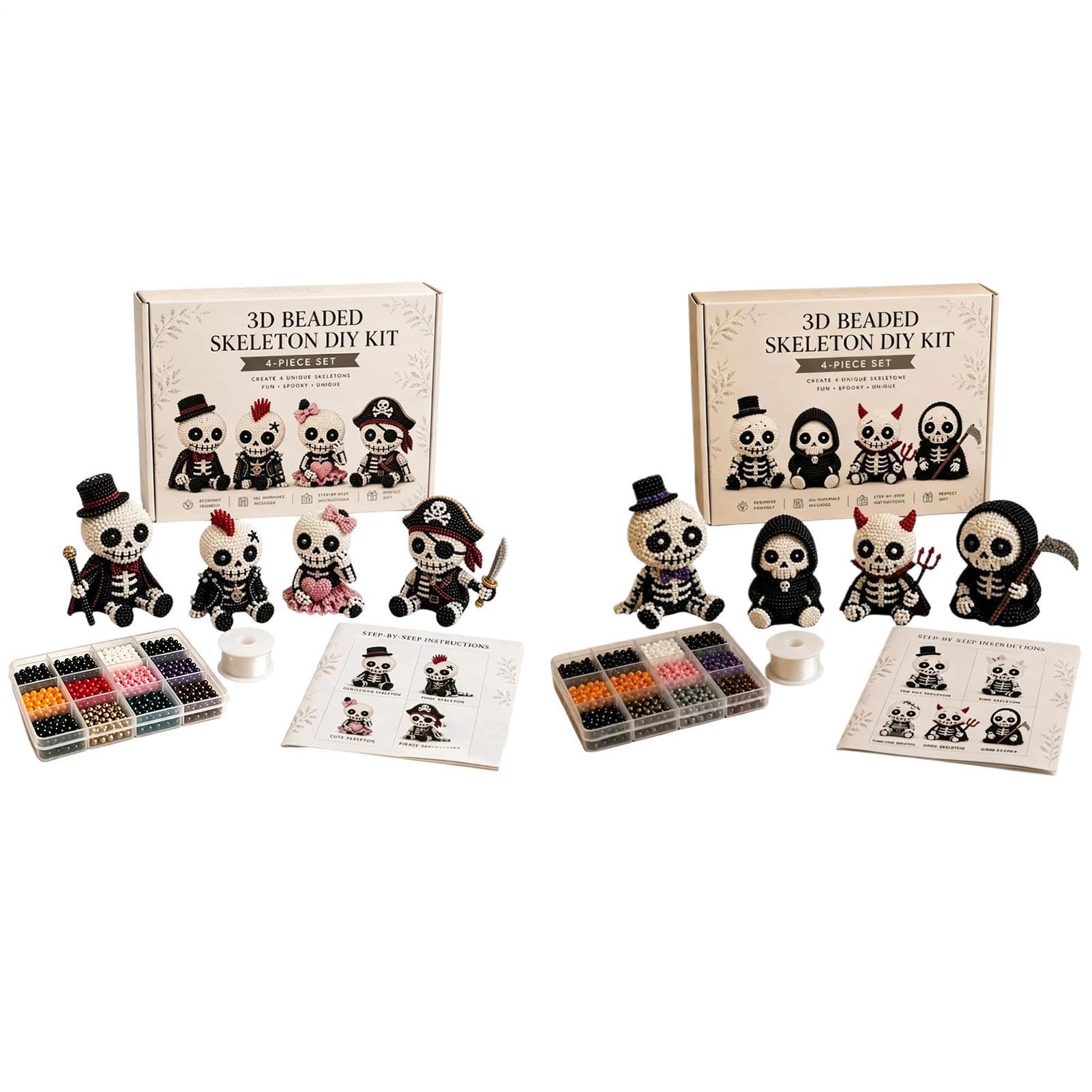 3D Beaded Skeleton DIY Kit | 2PC Beading Embroidery Craft Kit | Tiny 3D Beaded Halloween Skeleton Figure DIY Set with Instruction | Handmade Skull Bead Art Crafts Supplies for Halloween Decor