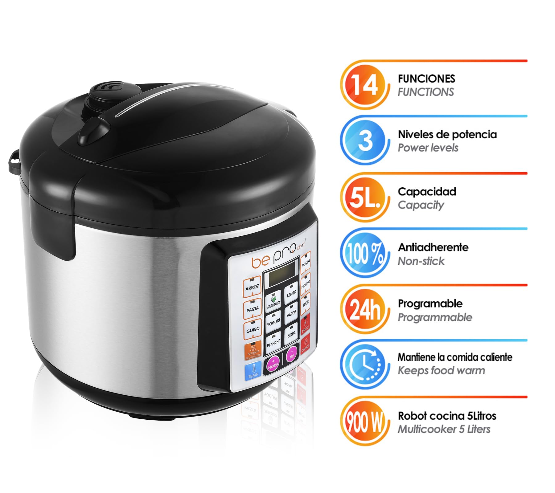 Chef Robot Cocina Olla Programable 5L Multifunción 900W Temporizador 24H Recetario Antiadherente Acero Negro Cocina Automática Segura Fácil de Usar Ideal para Uso Diario Sin Presión 100 recetas | Cocinado Gourmet suelta vapor por lo que reduce y proporcio