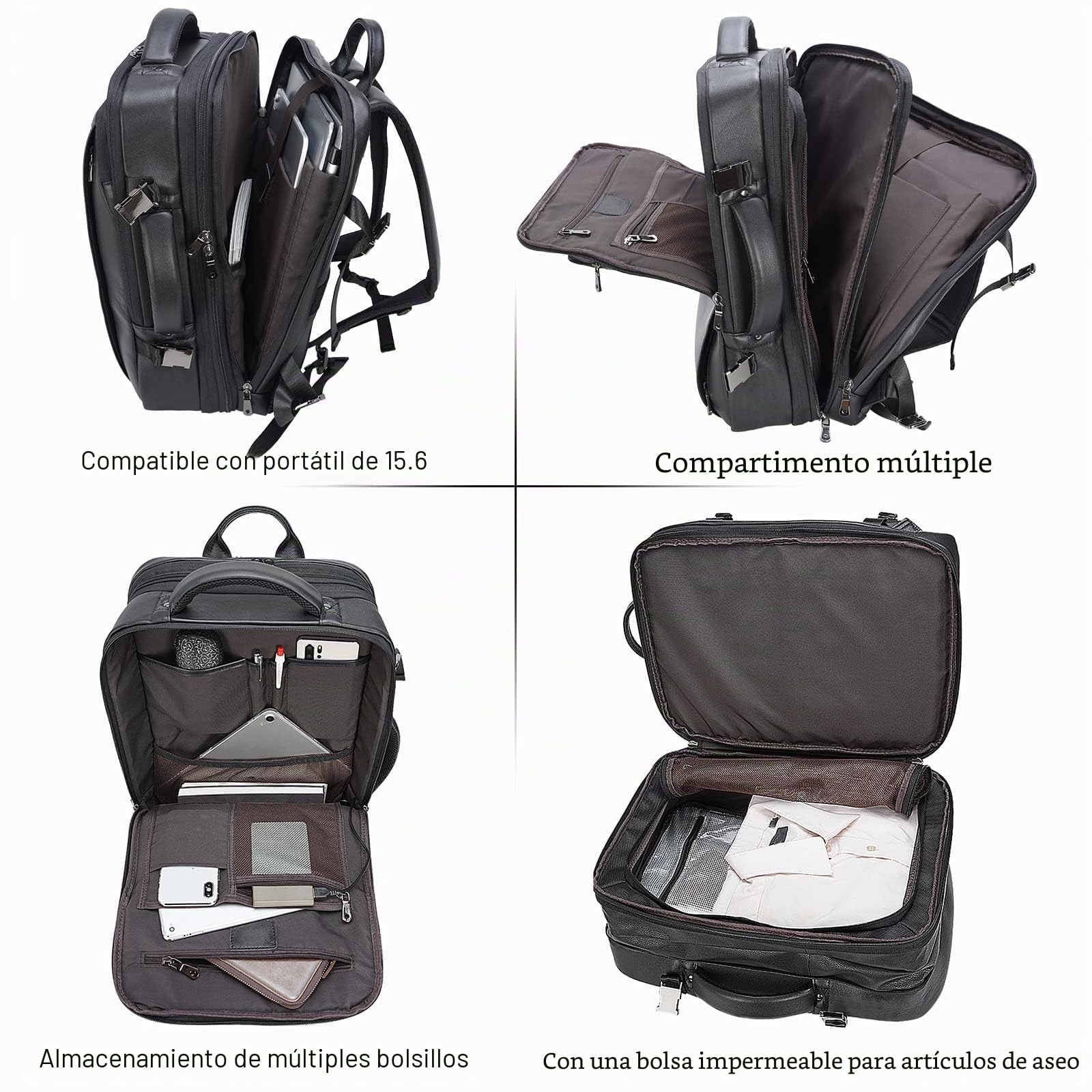 TIDING Mochila de Viaje para Hombre de Cuero Genuino con Compartimento para Portatil 15.6 Pulgadas Gran Capacidad Ampliable 36L Profesional para Negocios y Oficina
