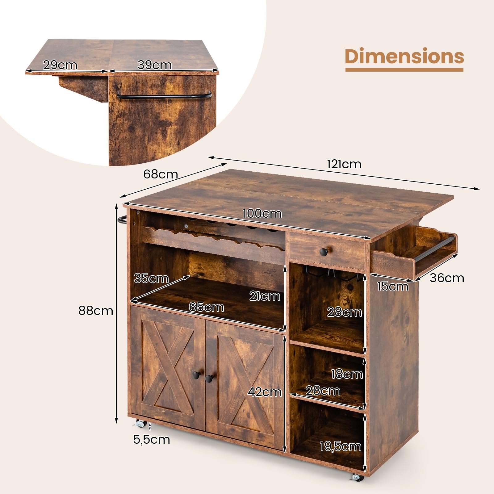 GIANTEX Desserte à roulettes Cuisine Industrielle, Îlot Central Cuisine avec 7 Porte-Bouteilles, 2 Support pour Verres, Tiroir, Étagère Réglable, 2 Barres Latérales, Meuble Cuisine 121X68X88 CM