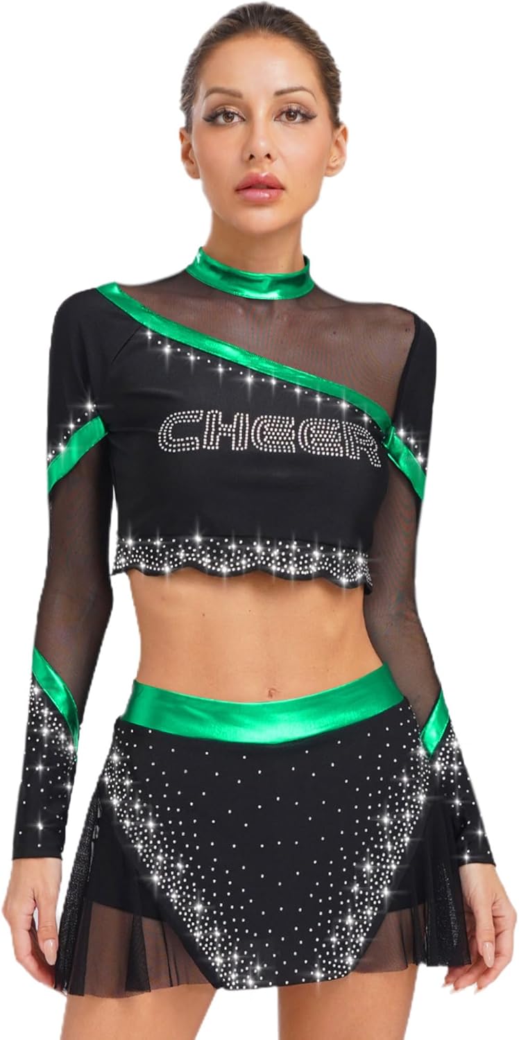 Womens Rhinestone Cheerleading Outfits Mesh Patchwork Long Sleeve Crop Top With Skirt Sets