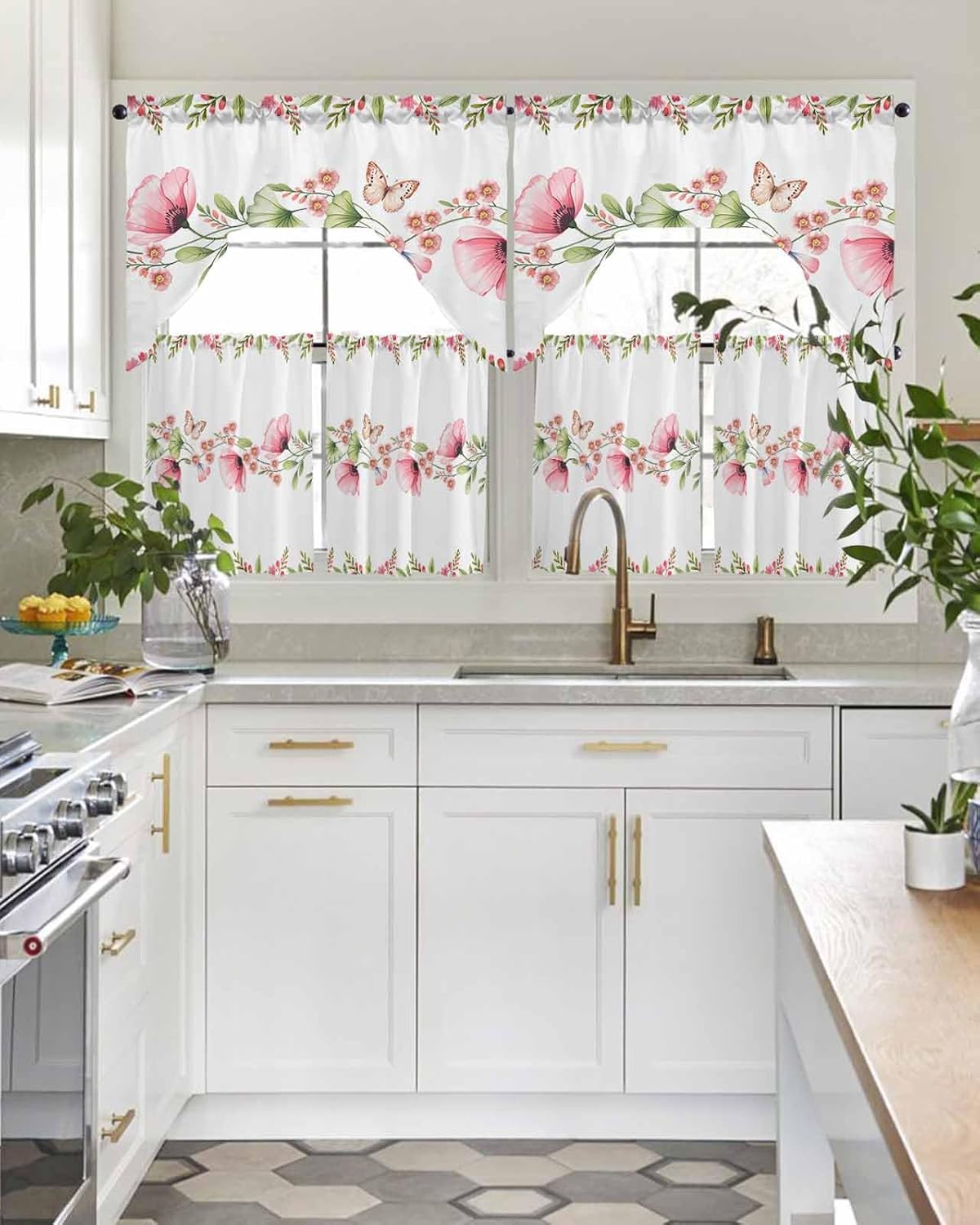 Floral Butter-fly Swag Kitchen Curtain Sets with Valance,3 Pieces Rod Pocket Curtain Drapes for Bedroom Living Room Bathroom Cafe Windows,Green Leaves Pink Flower White 56''x36'' & 36''x27.5''x2Panels