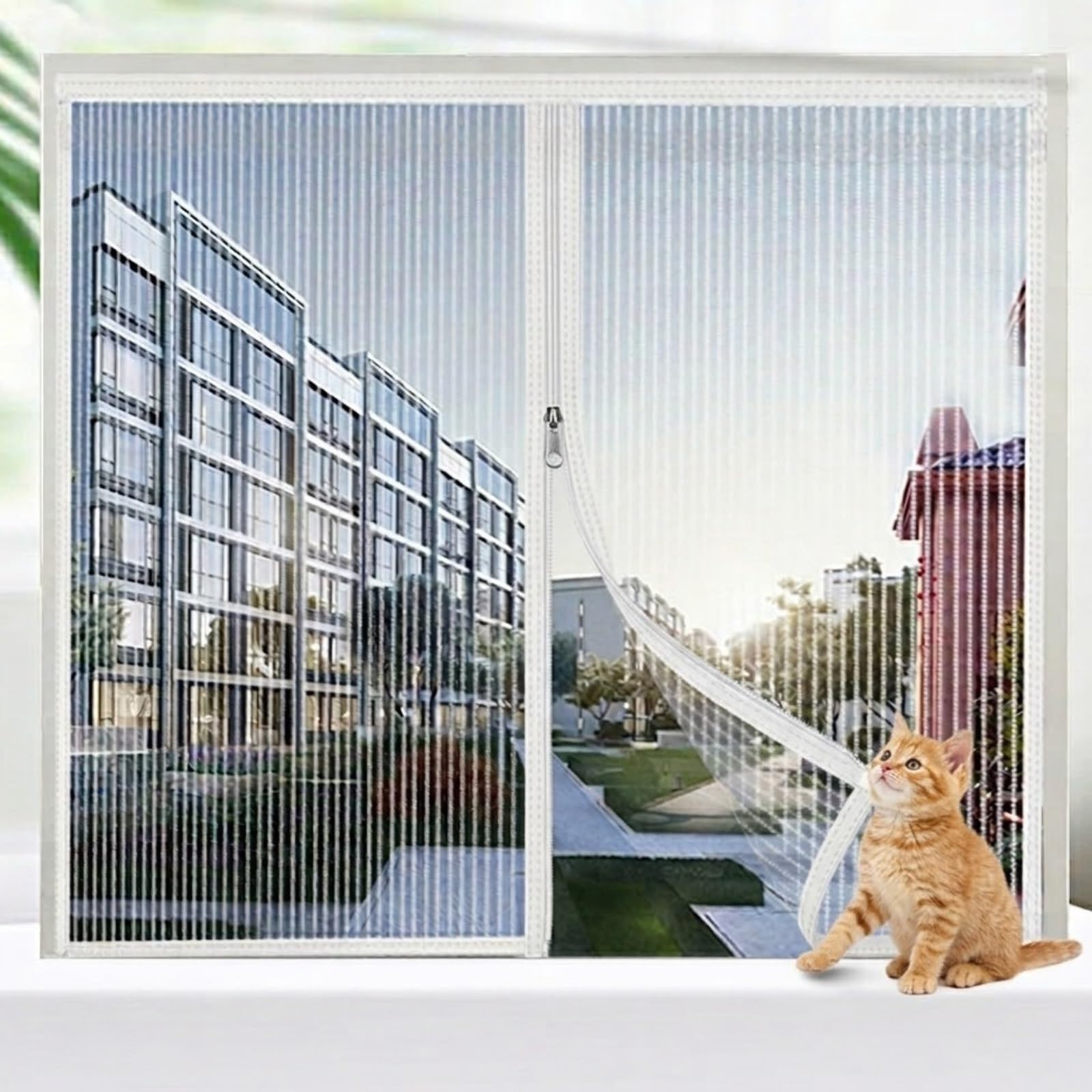 Zipper Version KING KONG MESH Self-Adhesive Window Screen, Keep Bugs Out Easy Cleaning Mesh Curtain, Easy Install No Drill Window Screen for Temporary Seasonal Use(White,65x150cm)