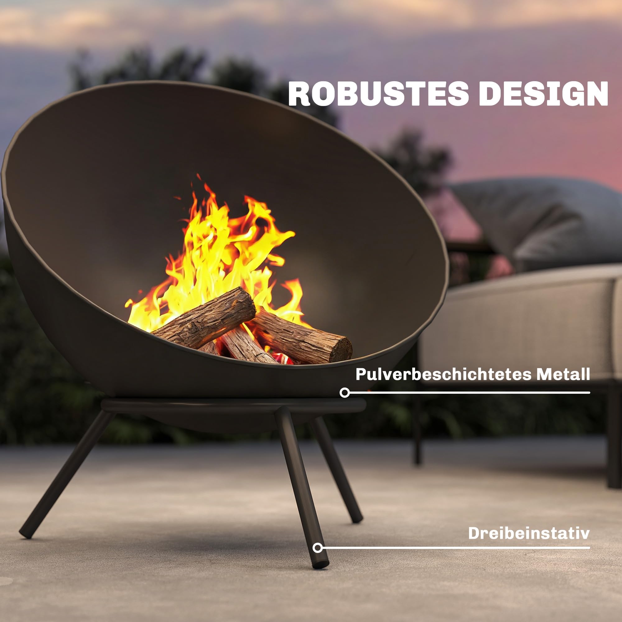 Outsunny Feuerschale 60 x 53 x 66cm Verstellbare Feuerstelle Schwarz | Schürhaken, Kohlegitter, Ständer, Feuerschalen Feuerkorb, für Garten Balkon Terrasse, Outdoor BBQ Camping