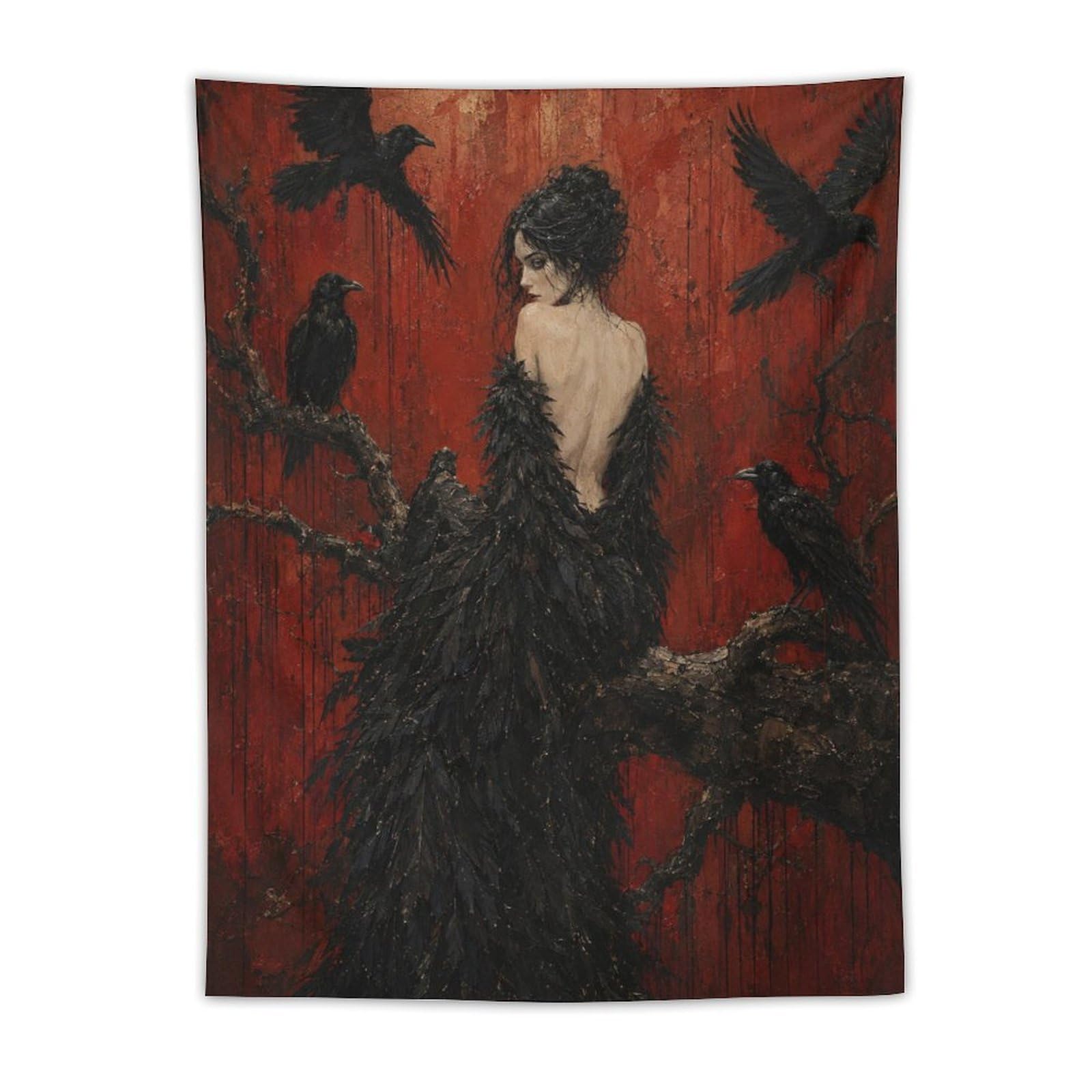 W7C8U2X3 Raven Woman Surrounded by Crows Wall Tapestry, Gothic Oil, Bedroom
