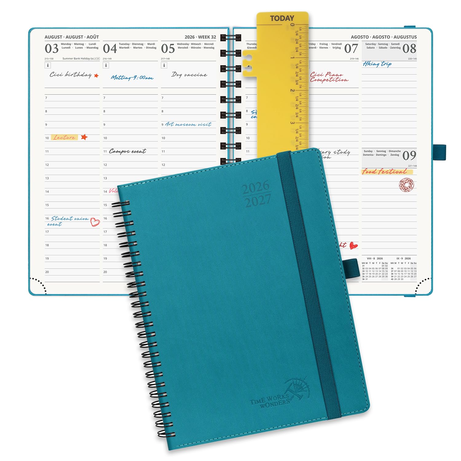 POPRUN A5 Academic Diary 2026-2027 Week to View (22x16.5 cm) Soft Cover Spiral 17 Months (Aug'26 - Dec'27) Mid Year 26/27 Vertical Weekly Planner(Pacific Green)
