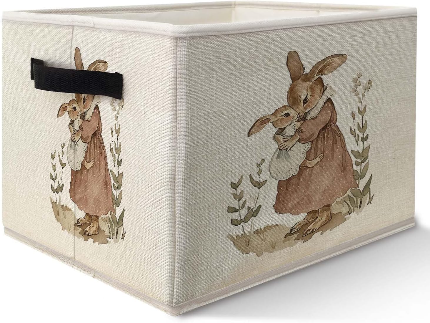 Vintage Bunny Storage Bins Basket, Toybox for Girls Room, Retro Rabbit Mom and Baby Collapsible Fabric Storage Box Organizer for Bedroom Bathroom Clothes Books Toys