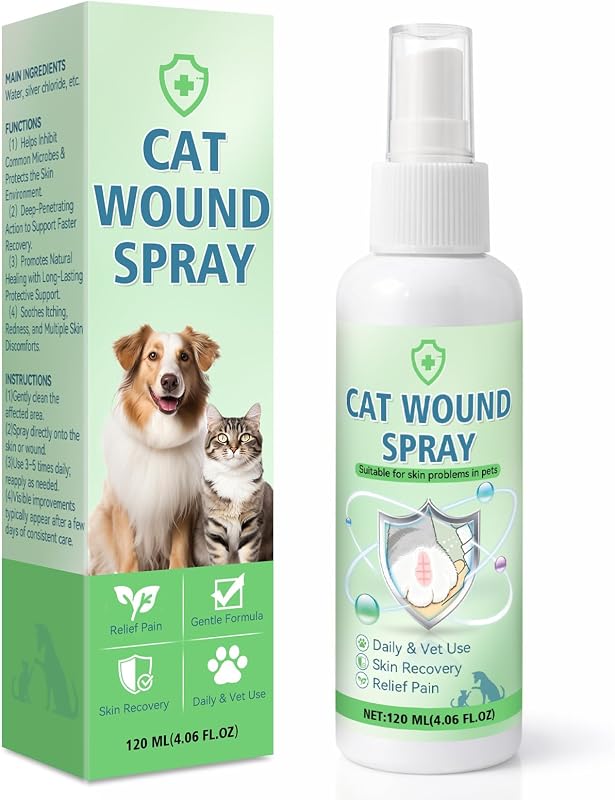 Cat Wound Spray for Dogs and Cats, Waterproof Pet Skin Care Spray for Scratches Bites Burns Redness and Minor Cuts, Gentle Dog Wound Care Formula Supports Daily Recovery and Comfort, 120ml (120ml)