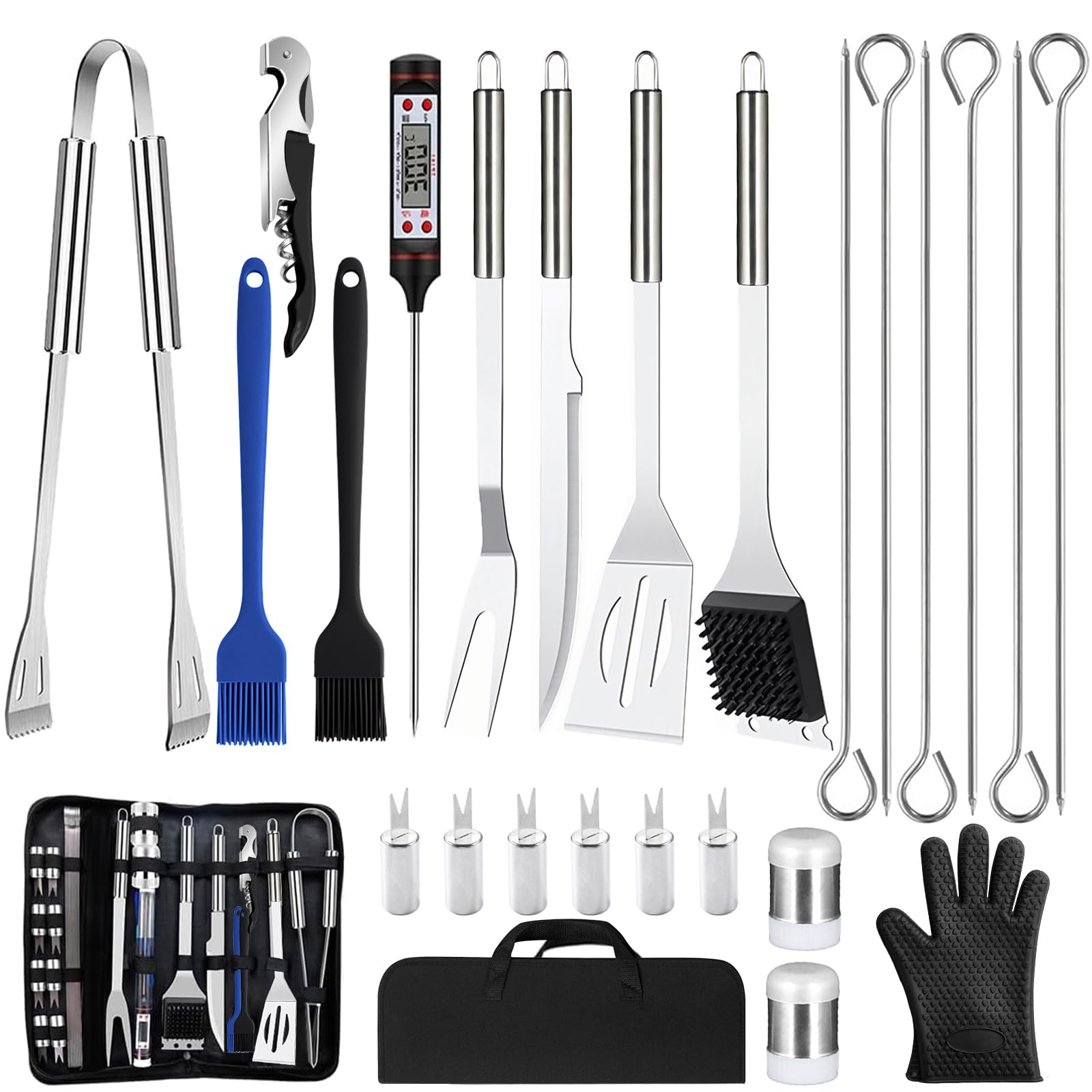 Set de Barbecue en Acier Inoxydable 27 Pièces, Ustensiles de Grillade Professionnels avec Sac de Rangement