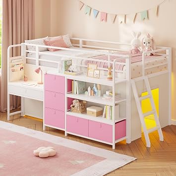Children's Cabin Bed 90 x 200 cm White + Pink