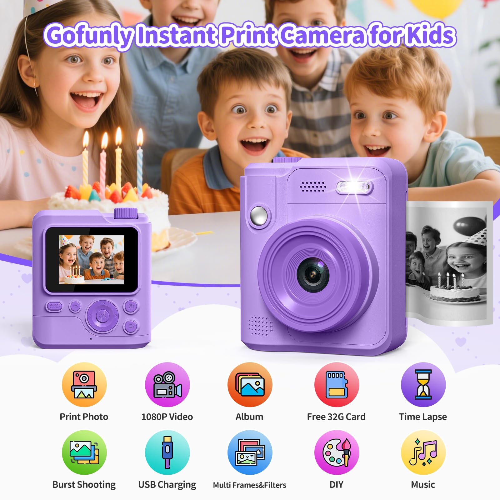 Hangrui Instant Kids Camera, 14 MP Instant Camera for Kids with 32G