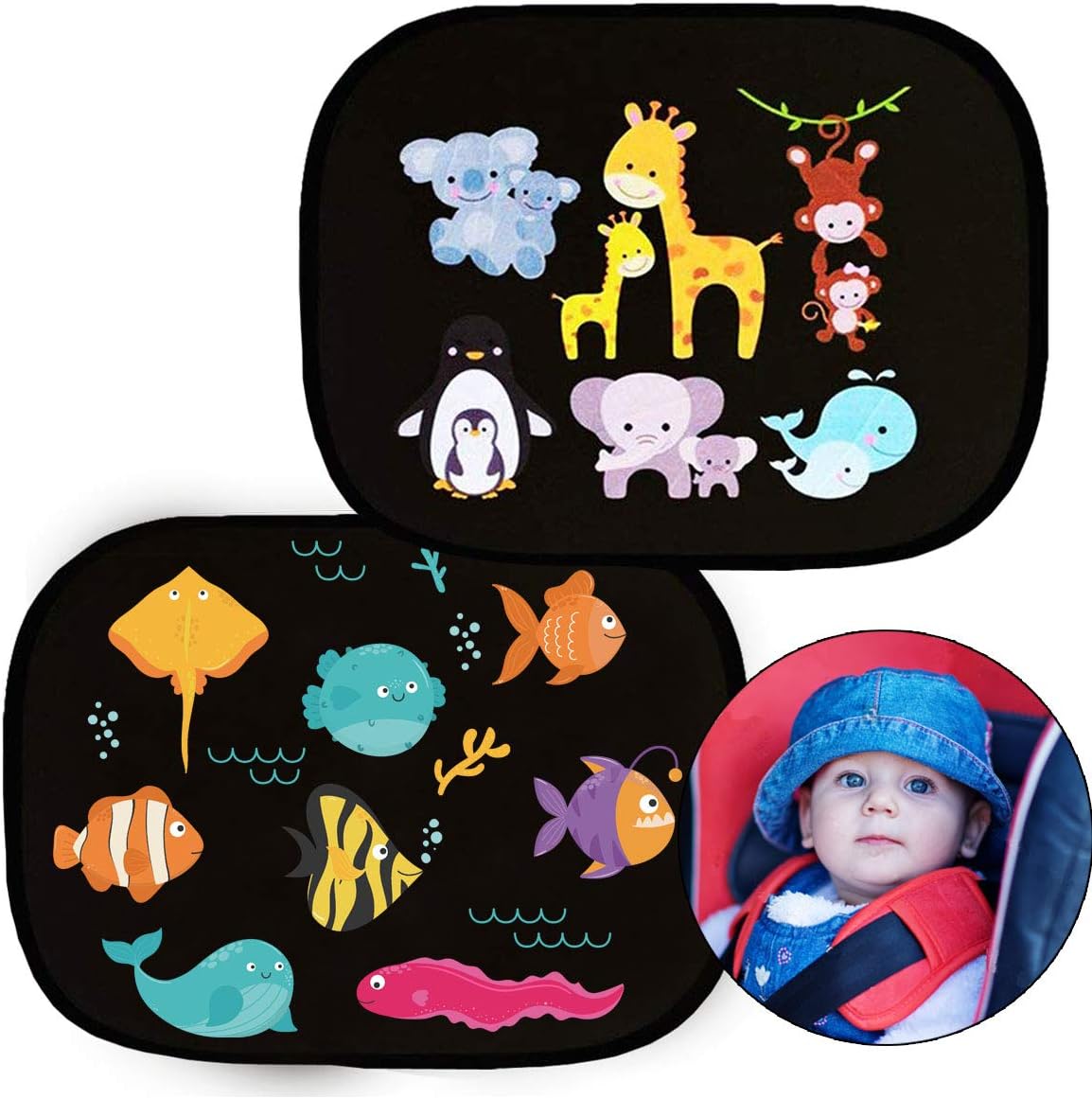 Car Window Sun Shade for Baby Kids, Car Sunshades Shield Visor for Children with PVC Adsorption UV Rays/Sunlight Protection(Cute Animal Pattern (Black)