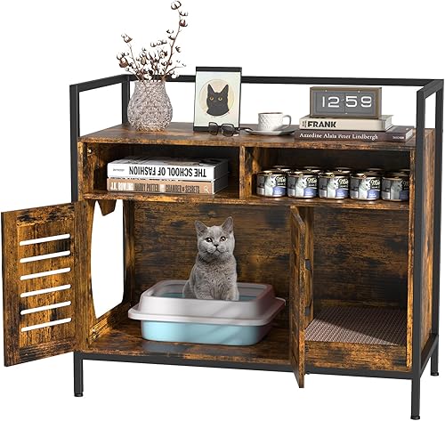 EasyCom Caja de arena para gatos, mueble oculto con puertas, 2 compartimentos de almacenamiento, marco de metal, armario de madera para gatos con