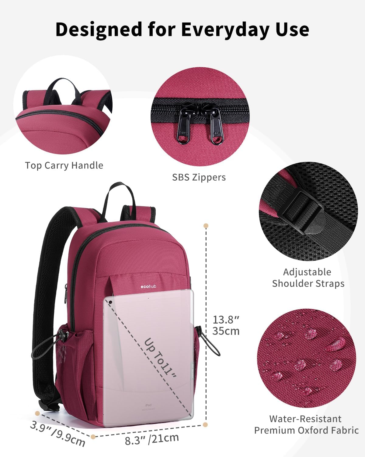 ECOHUB Mini Anti-Theft RFID Backpack for Women and Men, Water-Resistant, Lightweight Travel Daypack with iPad Sleeve, Key Holder, 9 Pockets, Gifting, Red