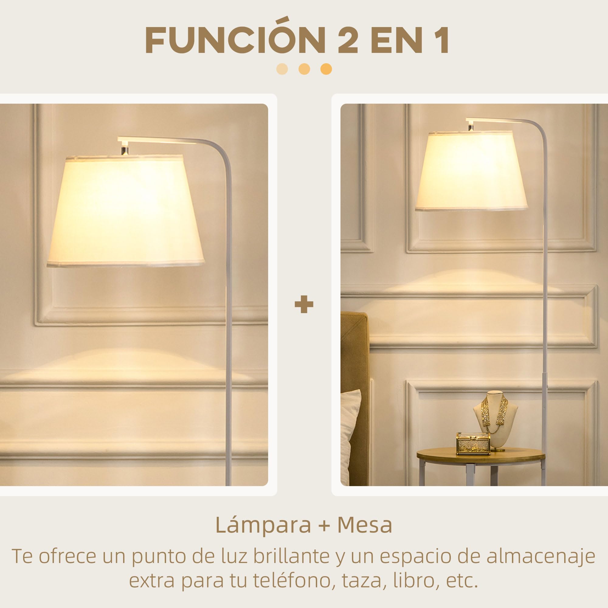 HOMCOM Lámpara de Pie Moderna con Mesas Lámpara con Estantes Casquillo E27 Máx. 40W con Pantalla de Lino e Interruptor de Pie para Salón Dormitorio 43x39,5x162 cm Blanco
