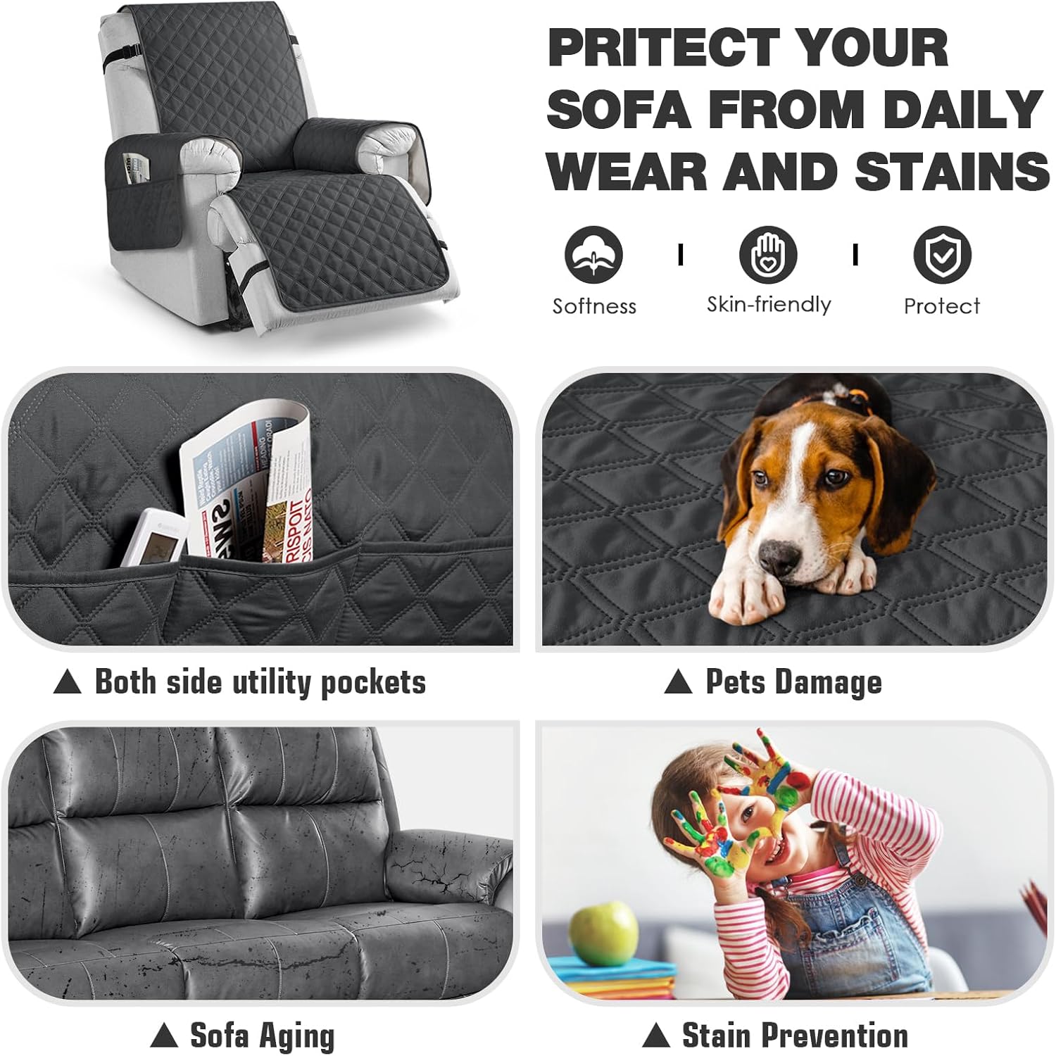 TAOCOCO 100% Waterproof Recliner Chair Cover Non-Slip Reclining Cover for Recliner Chair Washable Chair Seat Cover with Elastic Straps for Pets Sofa Slipcover with Pocket (Small 23'', Charcoal Gray)