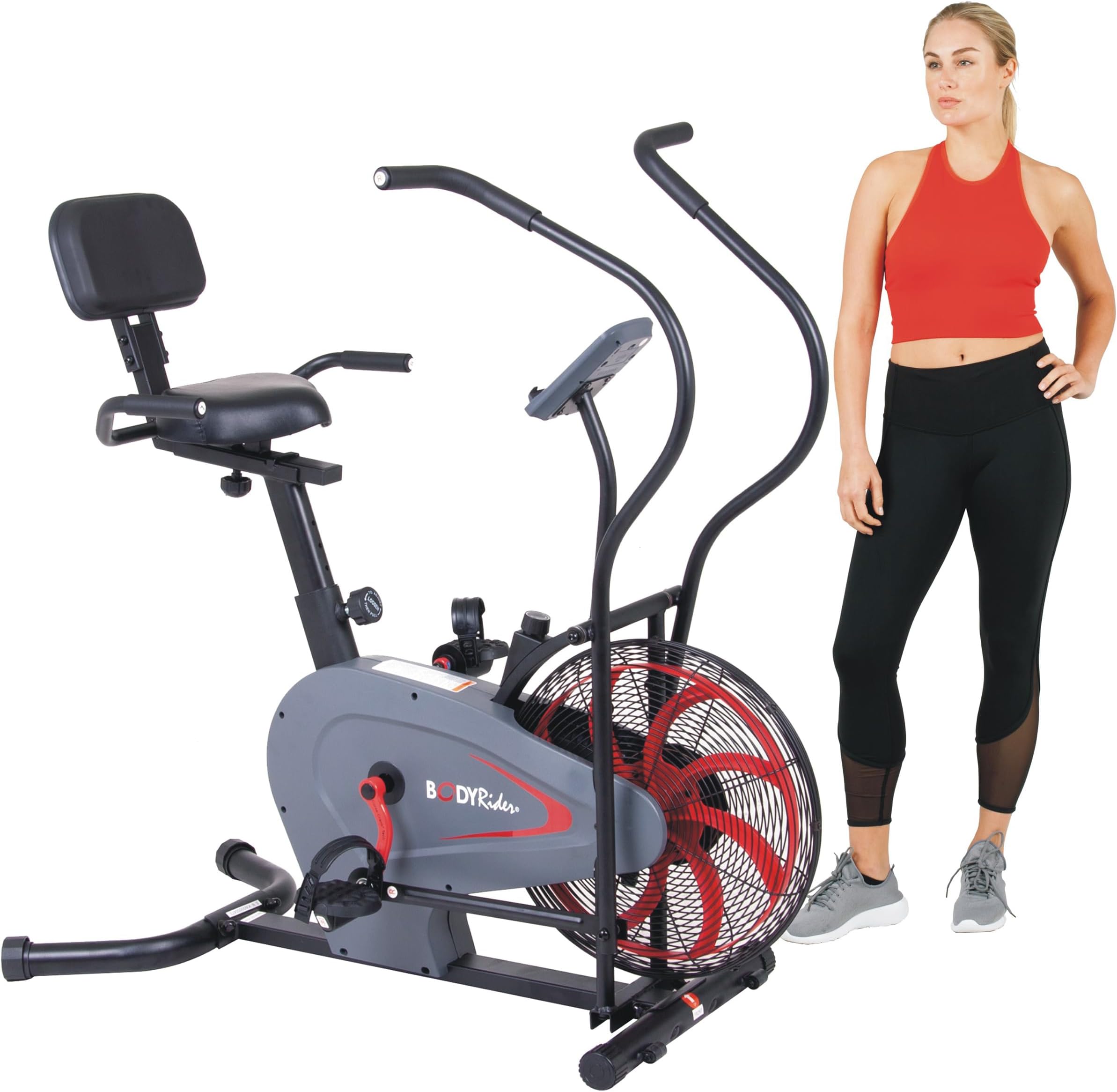 Body Rider Exclusive Air-Resistance Fan Bike Curve-Crank Technology Sport-Style Seat Open Air Flywheel Variable Manual Resistance Control Integrated Pulse Sensors Connected Digital Monitoring Console