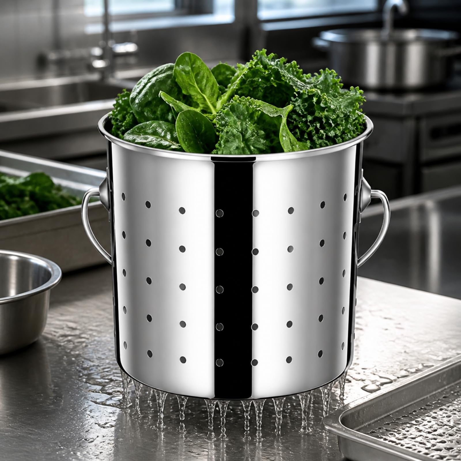 Cubo Colador Acero Inoxidable con BOR Redonado y Agujeros Uniformes para Escurrir y Alimentos sobre Estufas, 25CM
