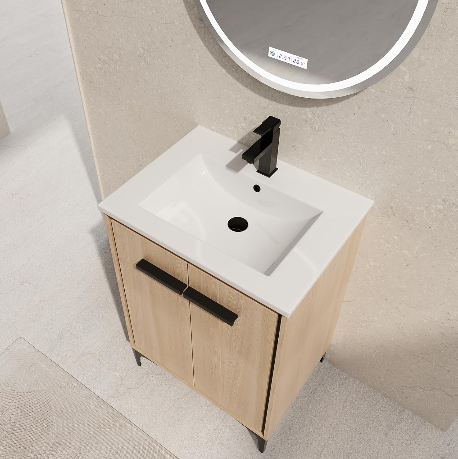 Modern 24" Bathroom Vanity with Sink, Freestanding Bathroom Cabinet with Undermount Ceramic Sink, Single Small Bathroom Vanities, Bathroom Storage Vanity Set w/ 2 Doors and Shelf, Soft-Close, Oak