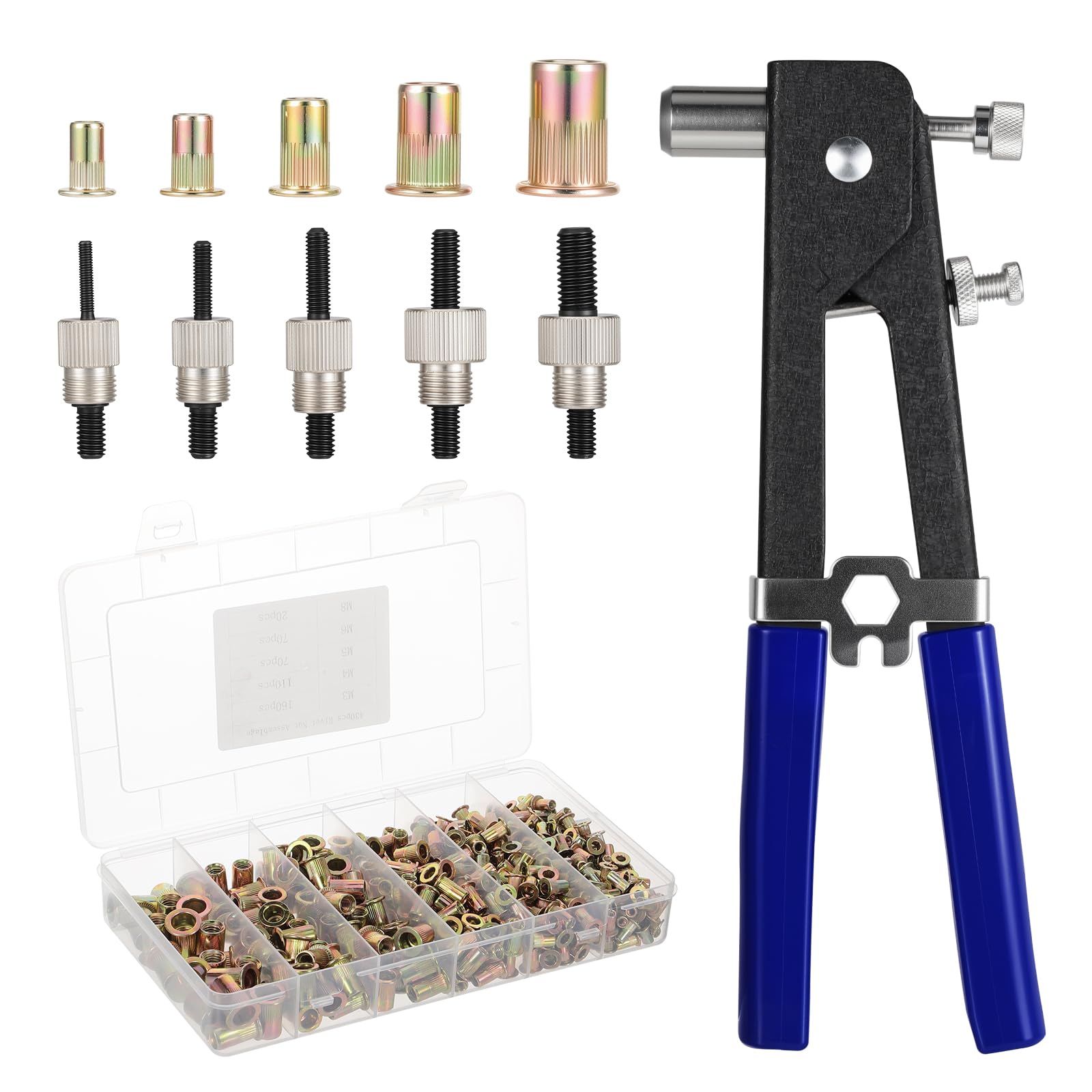 Gueenky Pince à Insert Fileté, Pince à Rivet Insert avec 430 M3 M4 M5 M6 M8 Écrous à Sertir et 5 Mandrins, Kit de Pistolet à Écrou Riveteuse pour Réparation Auto & Métal