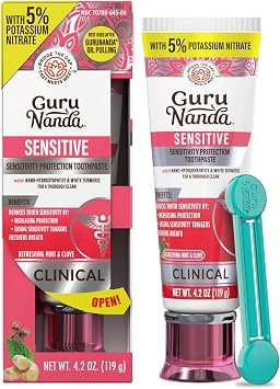 GuruNanda Sensitive Toothpaste 5% Potassium Nitrate for Tooth Sensitivity Relief, with Nano-Hydroxyapatite,Xylitol & White Turmeric, with Toothpaste Squeezer, Natural Clove Mint, 4.2 oz