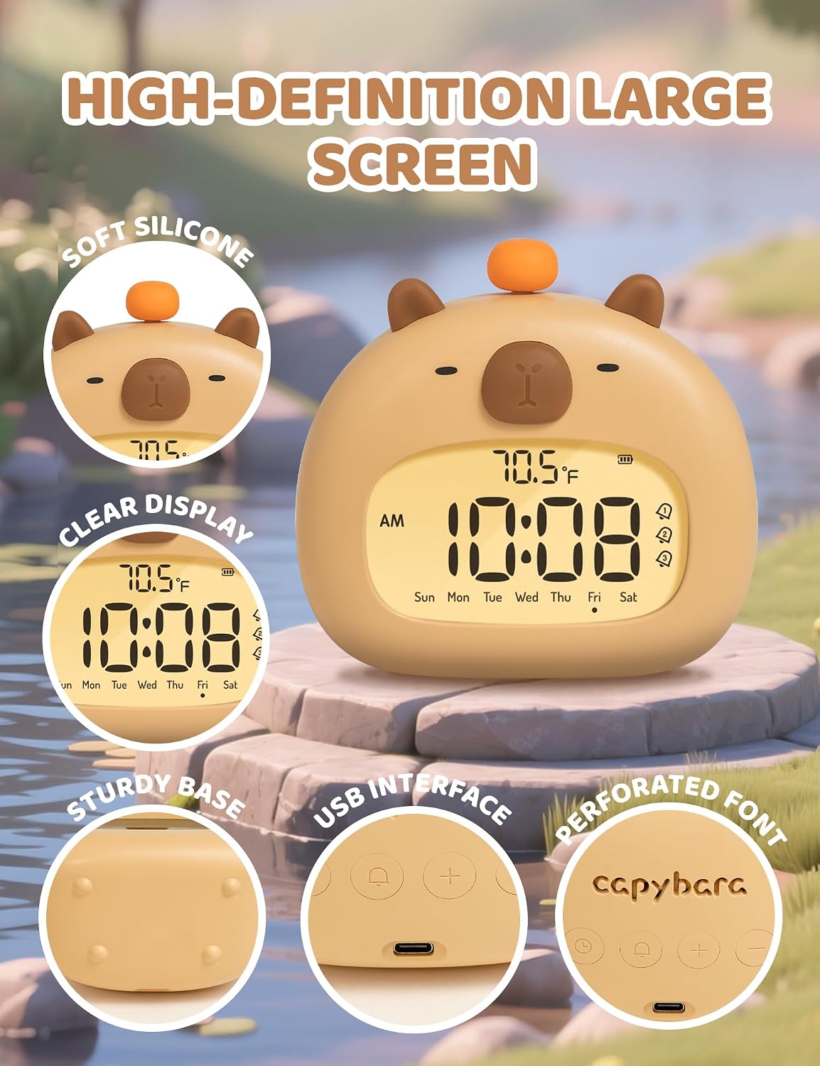 Capybara Kids Alarm Clock with Night Light, Digital Alarm Clock for Bedrooms, USB Rechargeable, 3 Alarms, Snooze, Cute Kawaii Clock for Desks Decor, Gifts for 7-14 Childrens Boys Girls